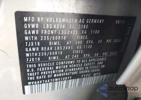 2012 Volkswagen Tiguan Se z USA, uszkodzony, nr VIN WVGAV7AX7CW514077
